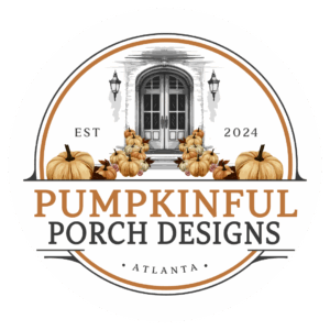 Logo for Pumpkinful Porch Designs of Atlanta featuring a elegent illustration of pumpkins arranged on steps leading to an high end home, symbolizing cozy, seasonal porch decor