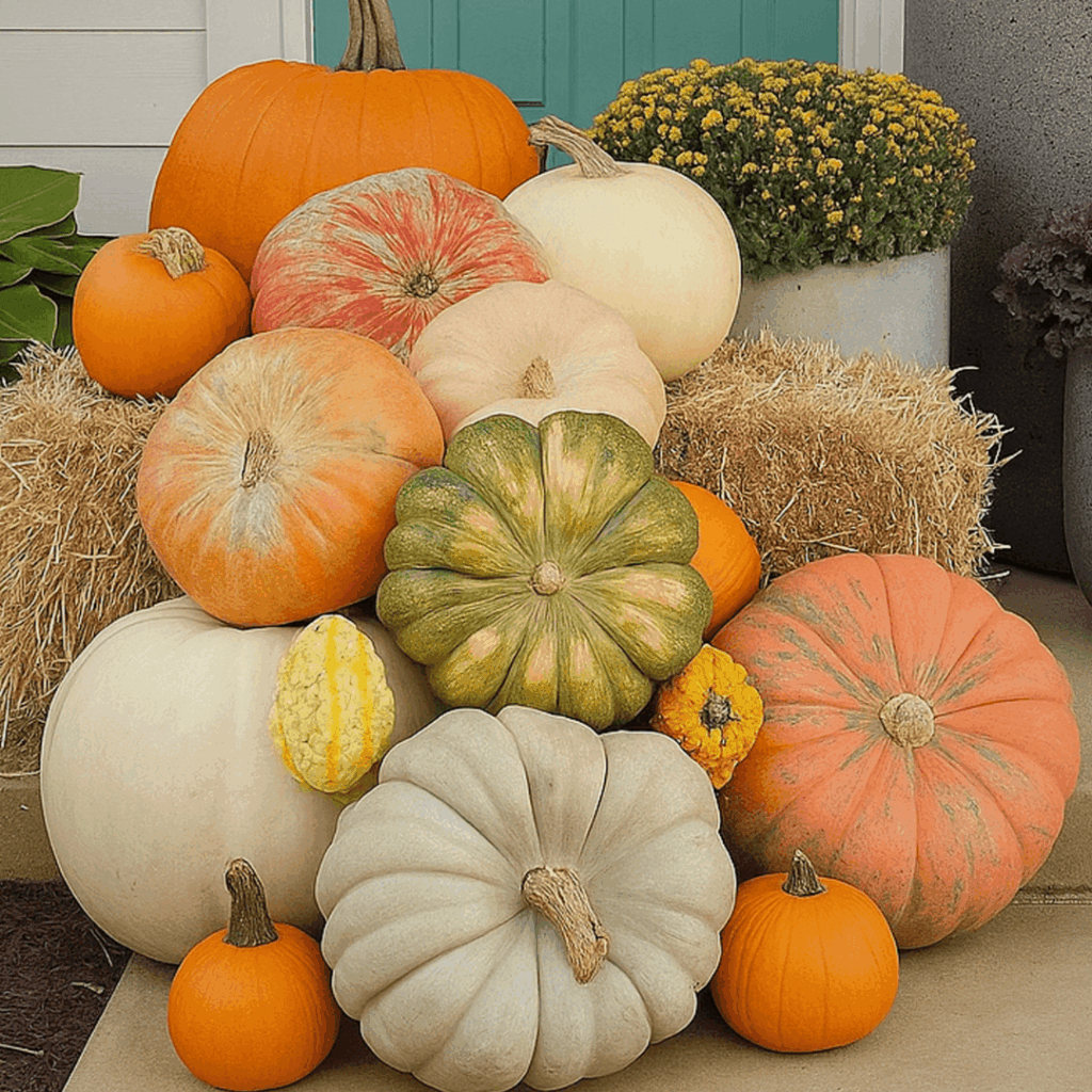 Stacked pumpkins on a front porch styled as fall decor by Pumpkinful Porch Designs in Milton, GA"