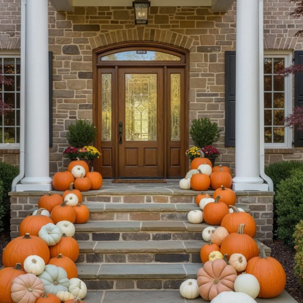 A home in Alpharetta with pumpkins stages on the steps for autumn