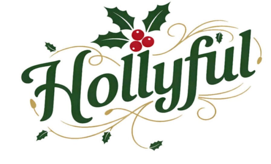 Hollyful Porch Designs logo featuring green holiday script with holly leaves and red berries, representing a business that decorates porches and doors for Christmas